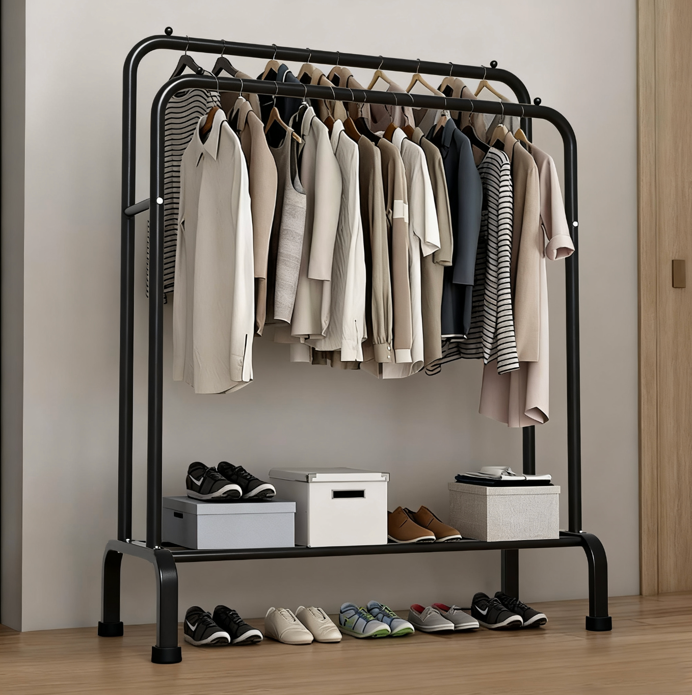 Portable Double-Rod Clothes Drying Rack with Wheels – Space-Saving Garment Organizer