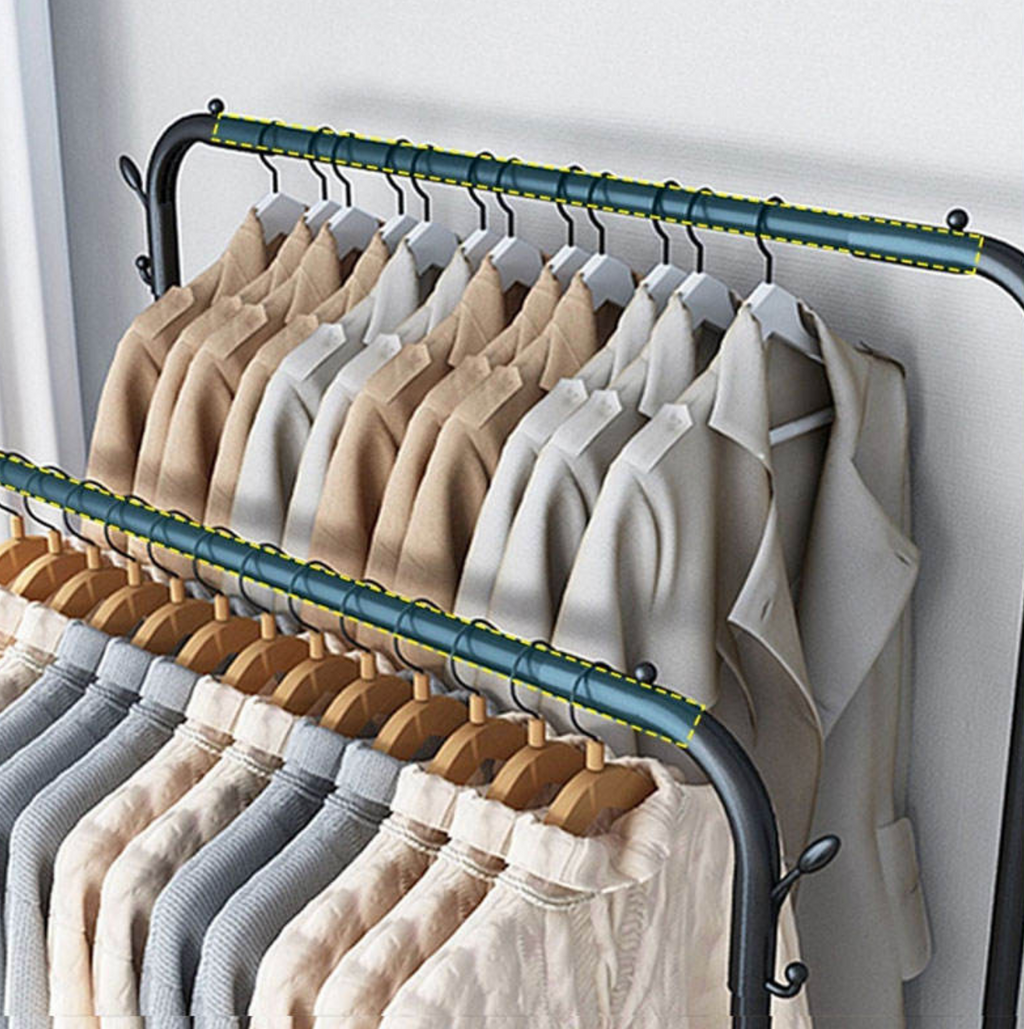 Portable Double-Rod Clothes Drying Rack with Wheels – Space-Saving Garment Organizer
