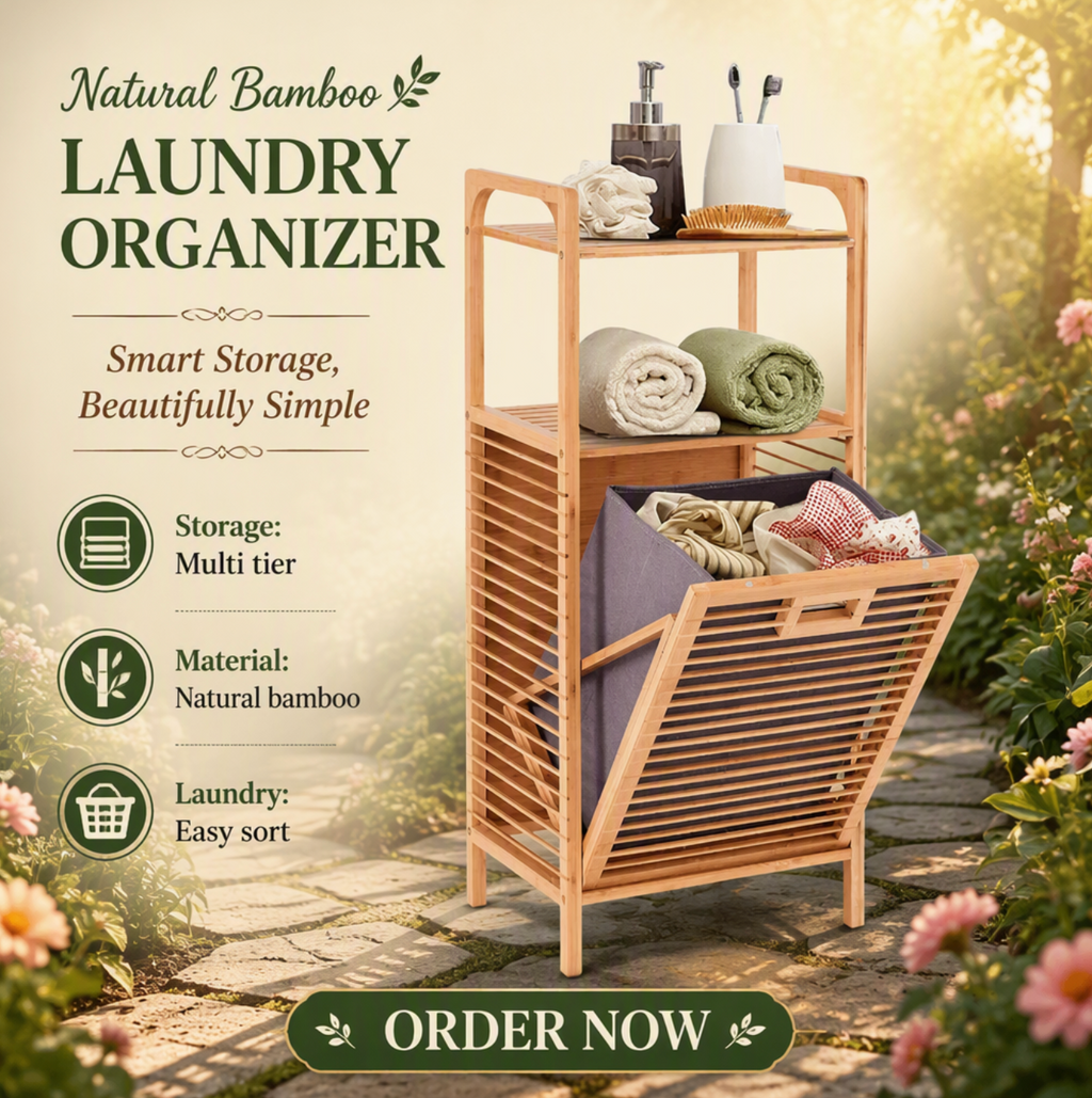Modern Bamboo Tilt-Out Laundry Hamper with Storage Shelves