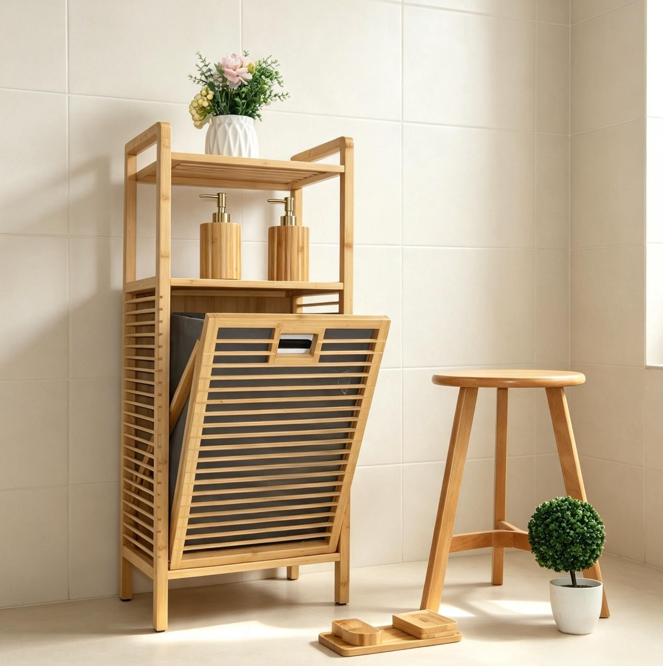 Modern Bamboo Tilt-Out Laundry Hamper with Storage Shelves