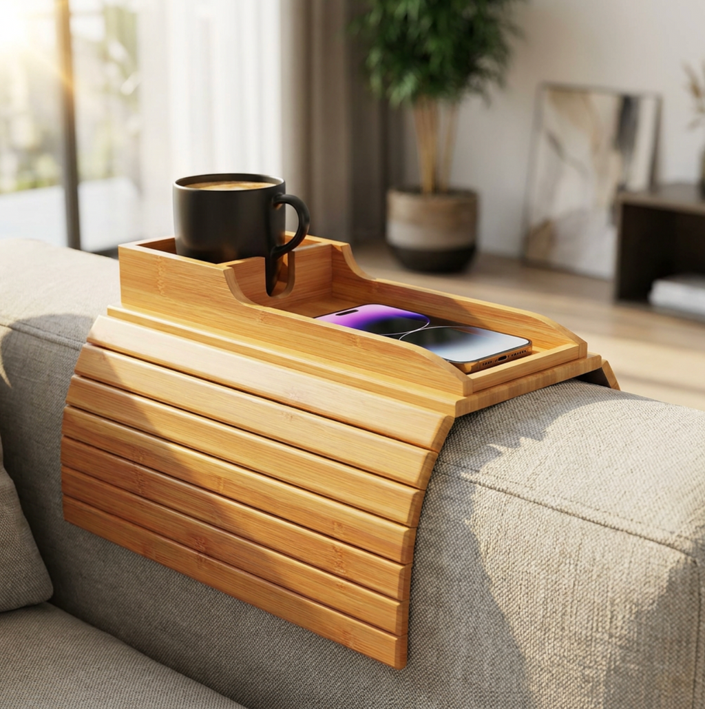 Detachable Bamboo Sofa Armrest Tray – Foldable Couch Organizer & Snack Table