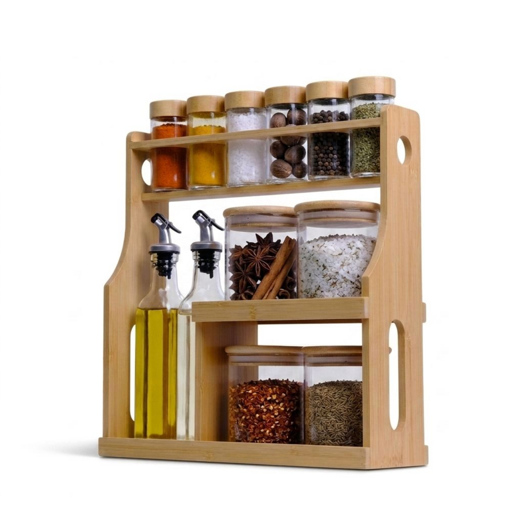 2-Tier Bamboo Glass Container Rack – Elegant Kitchen Countertop Storage Organizer