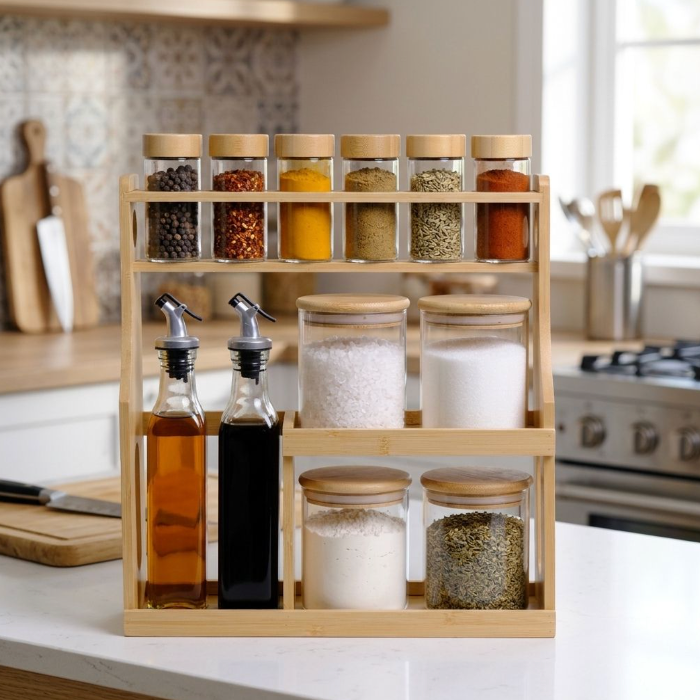 2-Tier Bamboo Glass Container Rack – Elegant Kitchen Countertop Storage Organizer