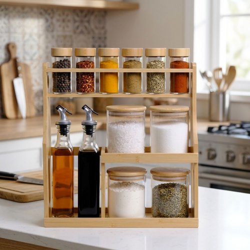 2-Tier Bamboo Glass Container Rack – Elegant Kitchen Countertop Storage Organizer