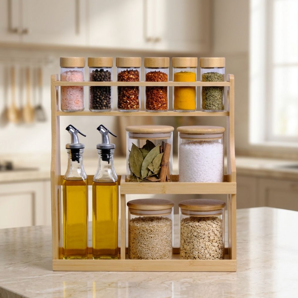 2-Tier Bamboo Glass Container Rack – Elegant Kitchen Countertop Storage Organizer