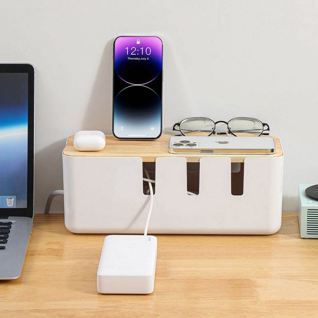 Bamboo Cable Management Box – Stylish Power Strip & Cord Organizer