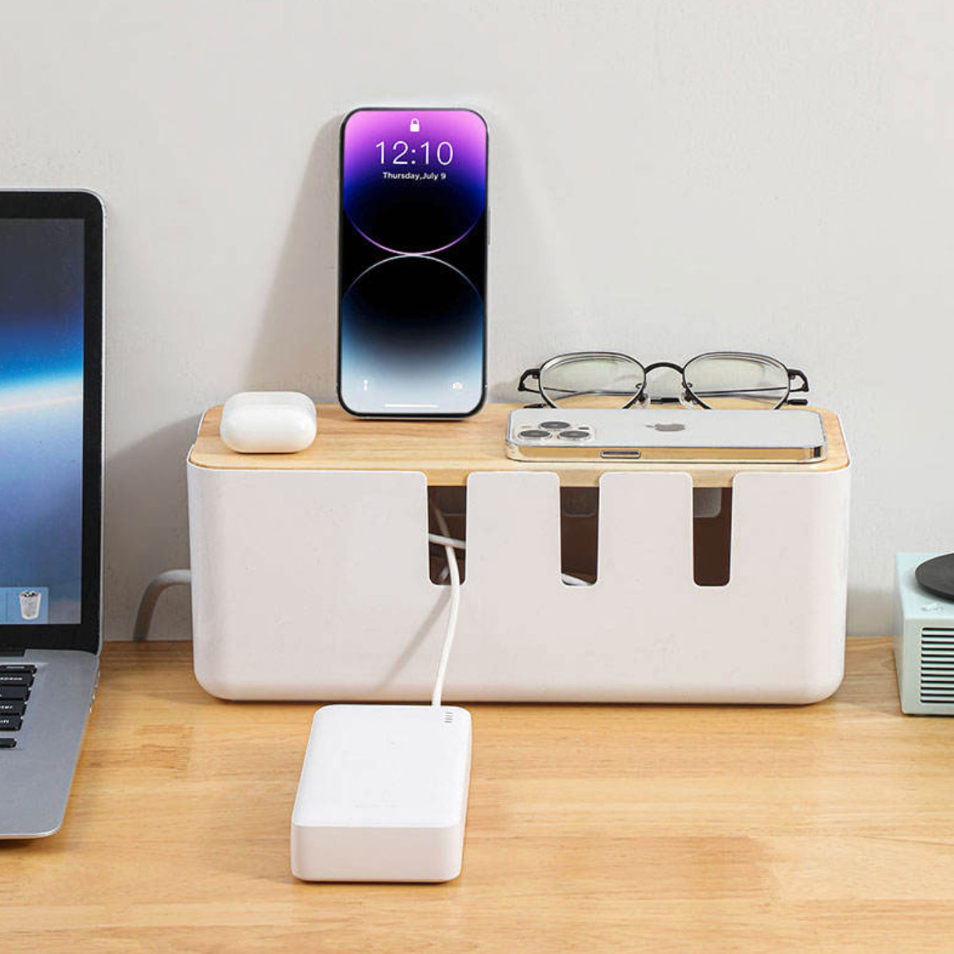Bamboo Cable Management Box – Stylish Power Strip & Cord Organizer