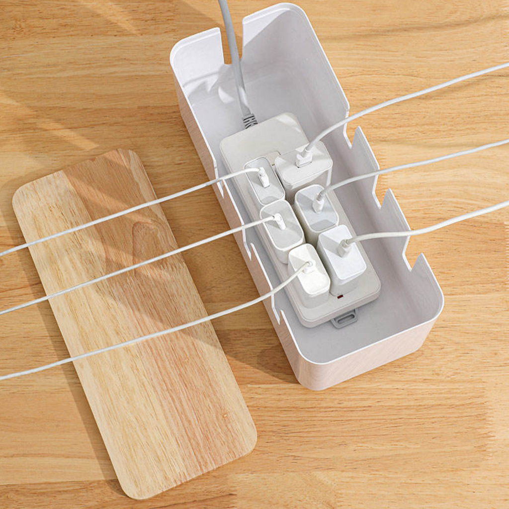 Bamboo Cable Management Box – Stylish Power Strip & Cord Organizer