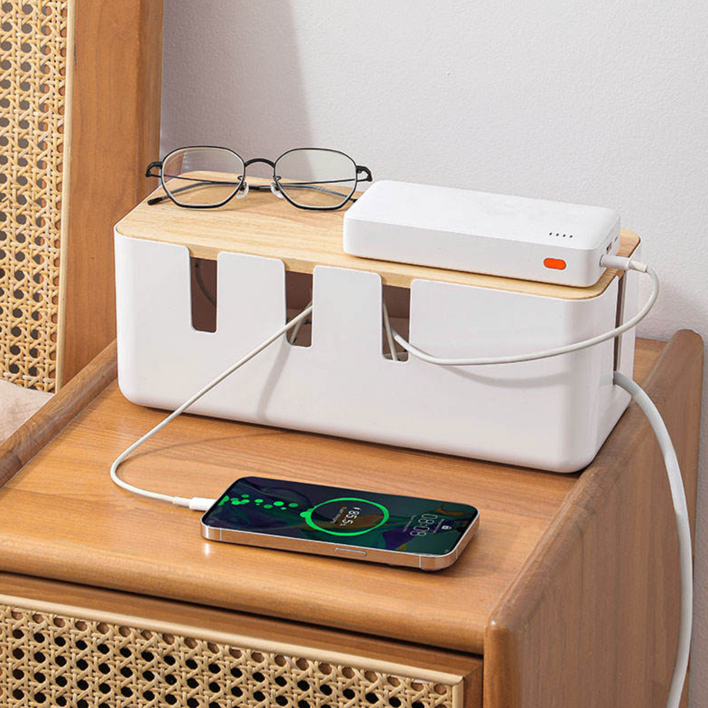 Bamboo Cable Management Box – Stylish Power Strip & Cord Organizer