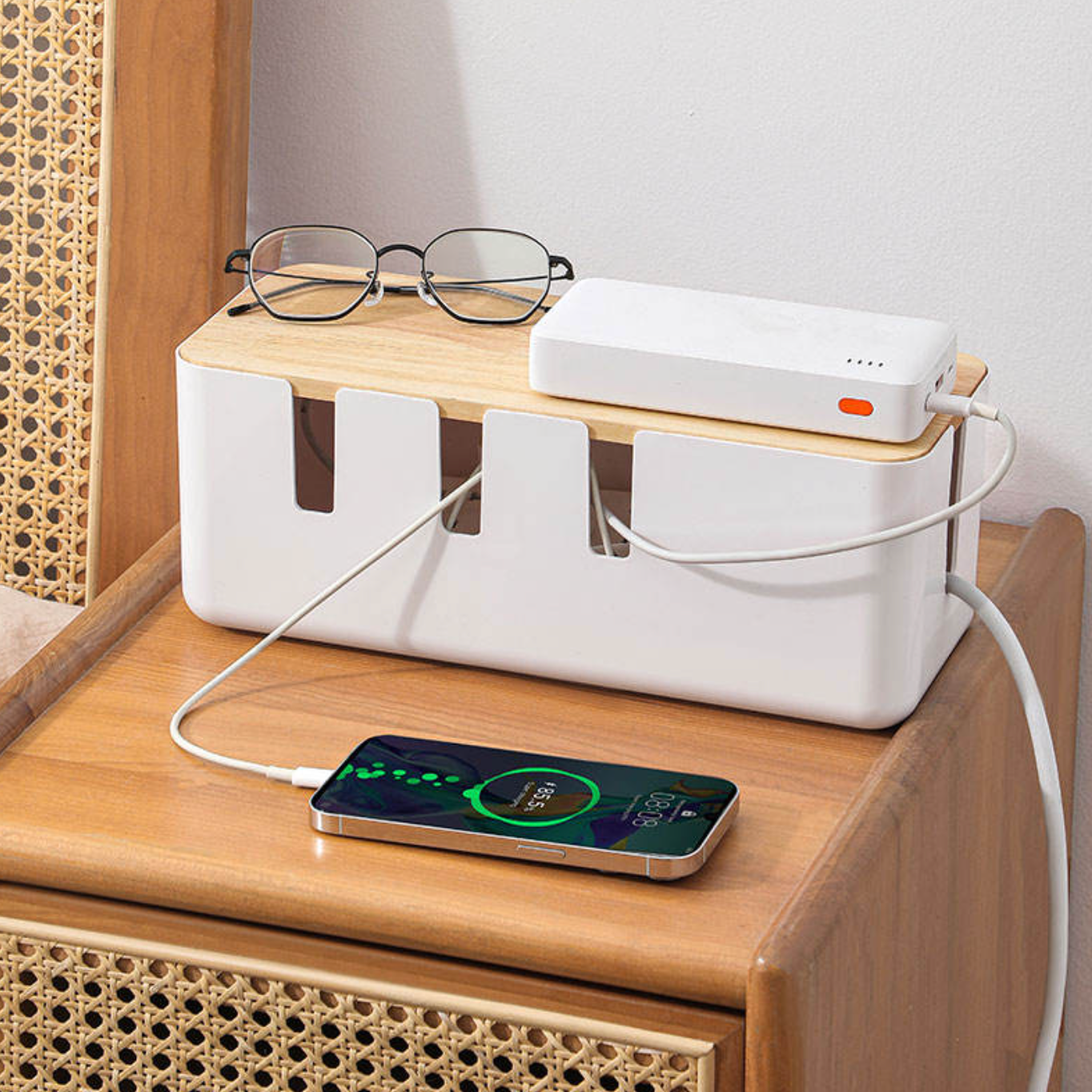Bamboo Cable Management Box – Stylish Power Strip & Cord Organizer