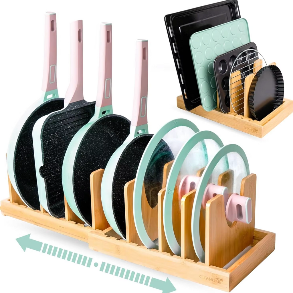 Expandable Bamboo Pot Lid Organizer – Adjustable Kitchen Storage Rack