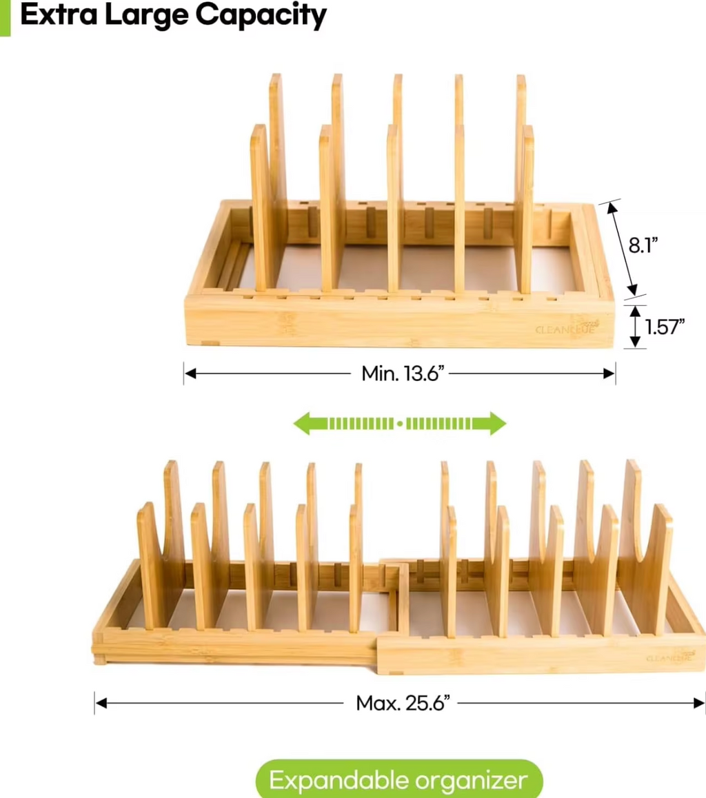 Expandable Bamboo Pot Lid Organizer – Adjustable Kitchen Storage Rack