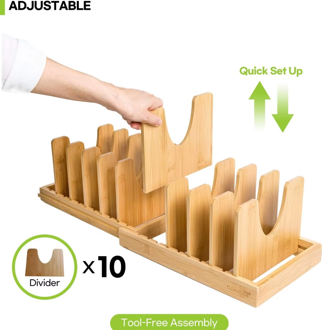 Expandable Bamboo Pot Lid Organizer – Adjustable Kitchen Storage Rack